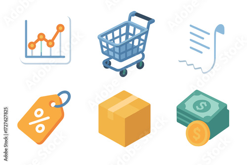 E-commerce Icon Set. E-commerce set icons in modern isometric flat : price fluctuation, shopping cart, receipt, discount tag, package, cash gain