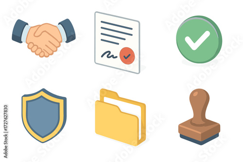 Agreement Icons Set. Agreement icons set icons in modern isometric flat : handshake, signed document, checkmark, shield, folder, stamp