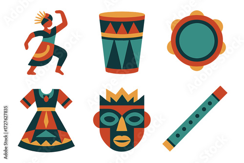 Cultural Dance Icons. Cultural dance set of icons in abstract flat : dance move, drum, tambourine, traditional dress, mask, flute