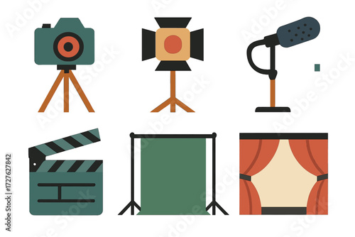 Studio Equipment Icons. Studio setup set of icons in abstract flat : camera tripod, light rig, boom mic, green screen, clapboard, stage curtain