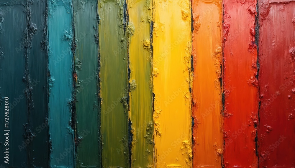 Obraz premium Abstract oil paint strokes create textured vertical stripes in rainbow of colors. Vibrant hues blend together, offering rich visual tapestry for creative projects. Artwork evokes sense of passion,
