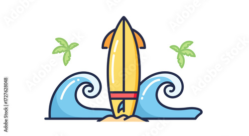 Yellow Surfboard in Ocean Waves with Palm Trees.