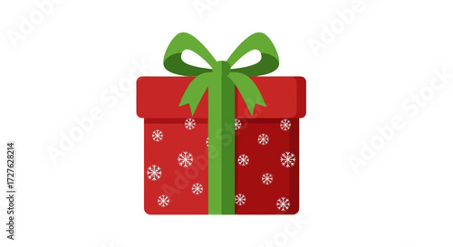 Festive Red Gift Box with Green Ribbon and Snowflakes.