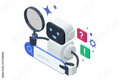 AI search helper. Isometric robot assistant holding magnifying glass and search bar, symbolizing artificial intelligence help in research, data search and online support.