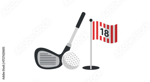 Golf Club Ball and Number 18 Flag on White Background.