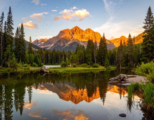 Sunset illuminates a mountain range reflected in a calm lake, surrounded by evergreen trees