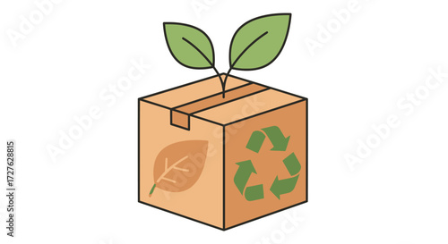 Eco-friendly cardboard box with green leaves and recycling symbol.