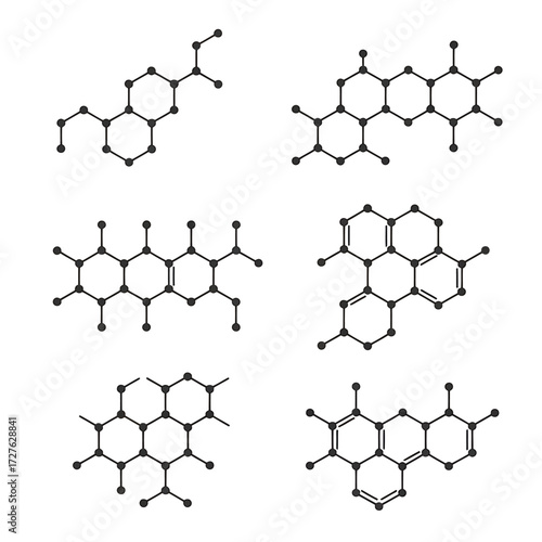Set of six molecular diagrams for scientific illustration
