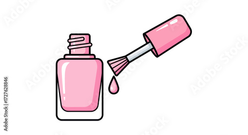 Pink Nail Polish Bottle with Brush and Dripping Drop Illustration.