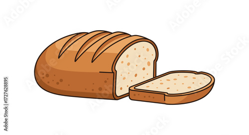 Cartoon Loaf of Bread with Slice Freshly Baked.