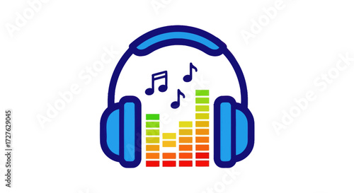 Blue Headphones with Colorful Equalizer and Musical Notes.