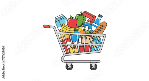 Full supermarket shopping cart overflowing with diverse groceries fresh produce and packaged food items illustration.