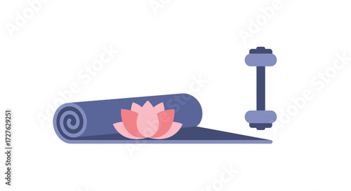 Rolled Yoga Mat with Lotus Flower and Dumbbell.