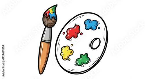 Artists Paintbrush and Palette with Colorful Paints.