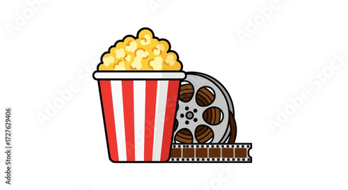 Buttery Popcorn in Striped Bucket with Classic Film Reel.