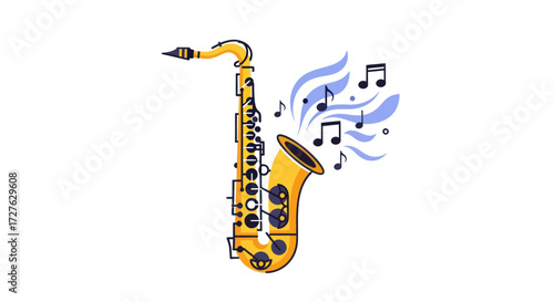 Golden Alto Saxophone with Musical Notes and Swirls.
