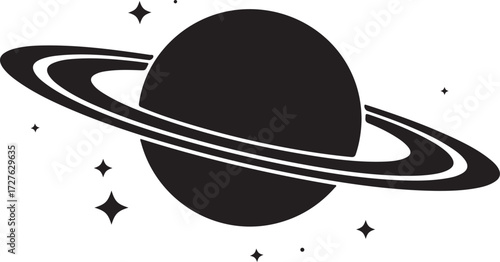 black silhouette of a ringed planet with stars
