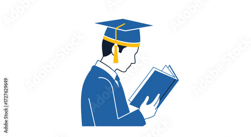Graduate student in cap and gown reading a book.