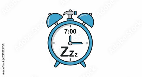 Cartoon Blue Alarm Clock with Bells and ZzZ Symbol Showing 7:00 AM Wake Up Time.