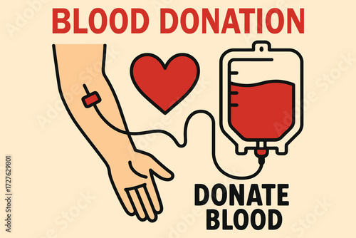 Illustration of arm with needle heart and blood bag promoting blood donation