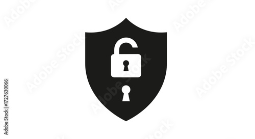 Black Shield Icon with Open Padlock Symbolizing Security.