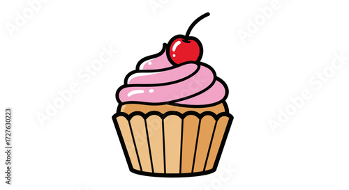 Cute Pink Frosted Cupcake with Cherry.