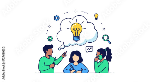 Collaborative team brainstorming session generating new ideas with a bright lightbulb.