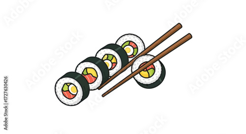 Hand-drawn Japanese Sushi Rolls with Chopsticks Illustration.