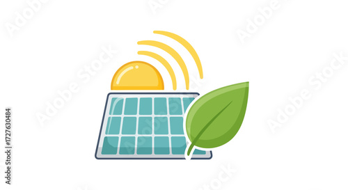 Solar panel with sun and green leaf symbolizing renewable energy and sustainability.