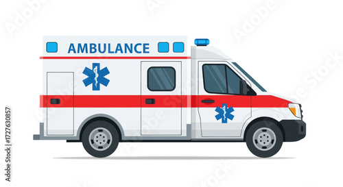 Modern White and Red Emergency Ambulance Vehicle.