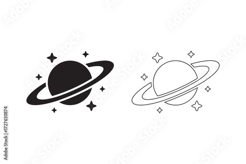 Minimal space planet with stars, Line and solid vector design