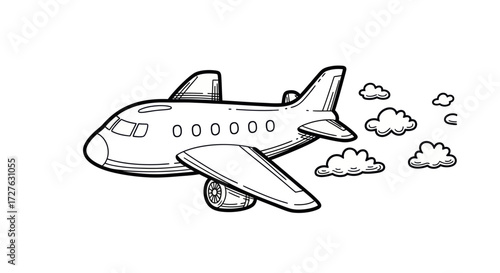 Cartoon Airplane in Flight with Clouds.