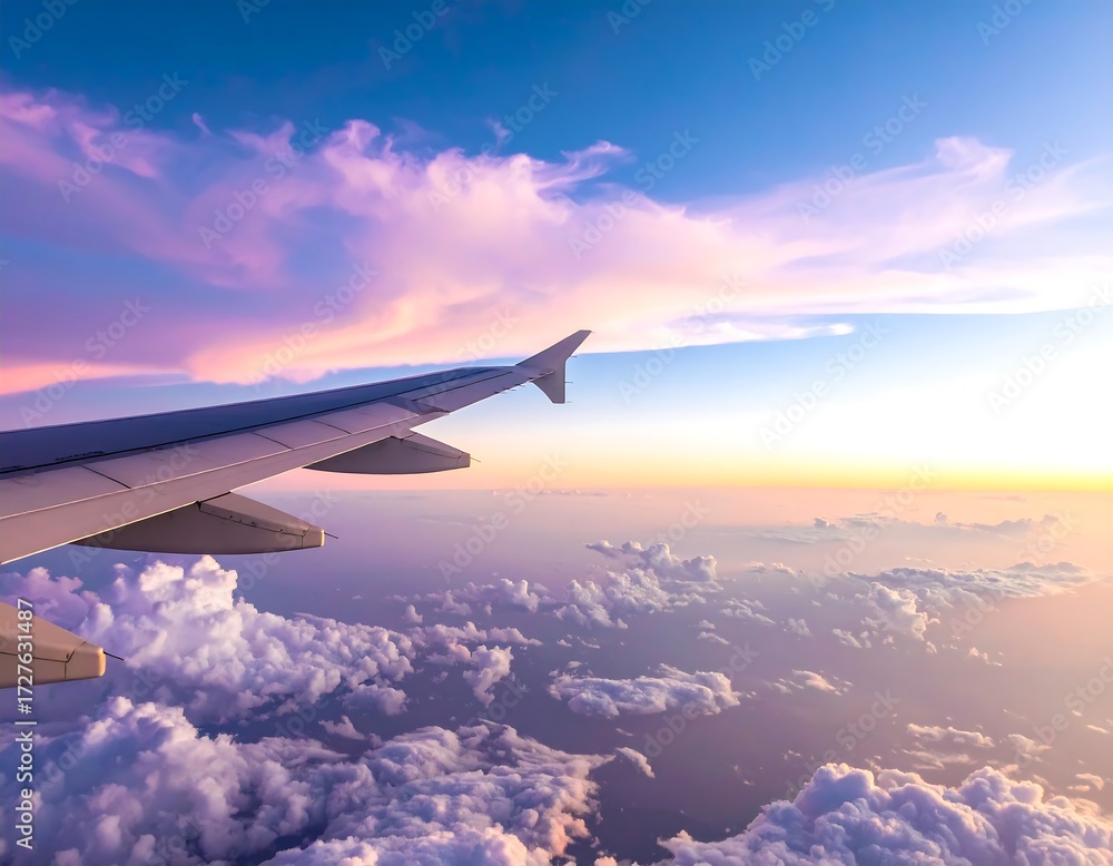 Obraz premium Airplane wing over clouds at sunset