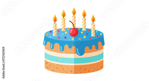 Festive Blue Birthday Cake with Five Lit Candles and Cherry Topping.