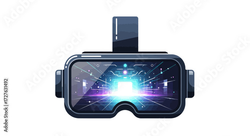 Black VR Headset Displaying a Futuristic Digital World.