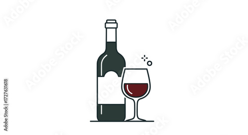 Minimalist line art illustration of a dark wine bottle and a sparkling glass of red wine.