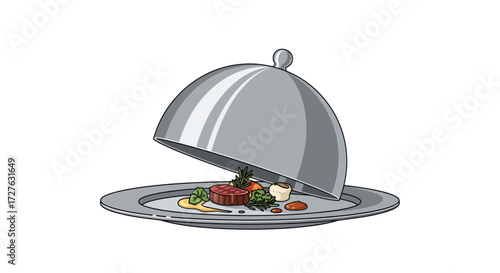 Elegant Silver Serving Cloche Lifting to Reveal Gourmet Meal.