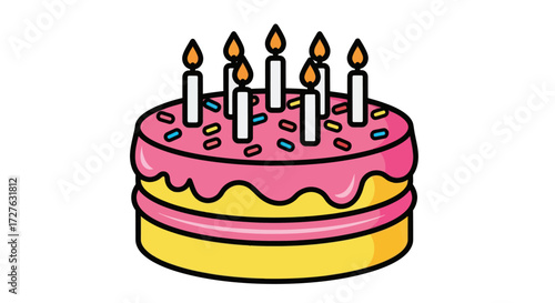 Colorful Birthday Cake with Candles and Pink Frosting Illustration.