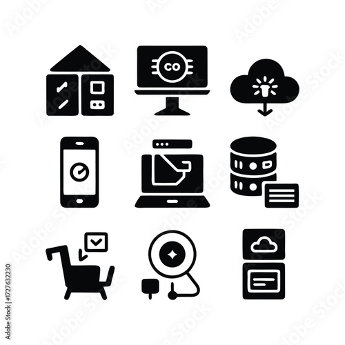 Modern technology cloud data smart home silhouette icons for digital applications