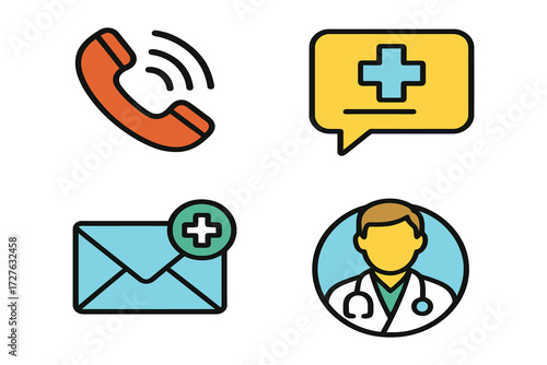 Healthcare communication icons representing phone call email message and doctor consultation