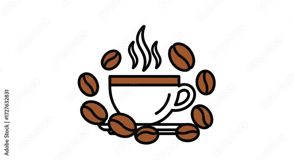 Obraz premium Steaming Coffee Cup Icon Surrounded by Roasted Beans.