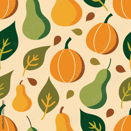 Seamless Autumn Pattern with Stylized Gourds and Leaves for Seasonal Design