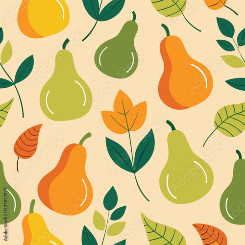 Seamless Autumn Pattern with Stylized Gourds and Leaves for Seasonal Design