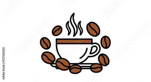 Steaming Coffee Cup Icon Surrounded by Roasted Beans.