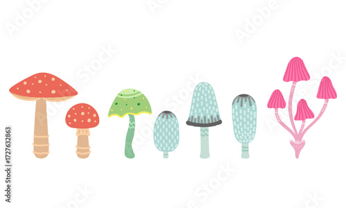 Mushroom toadstool, dung, pale set. Vector Illustration for printing, backgrounds, covers and packaging. Image can be used for greeting card, poster, sticker and textile. Isolated on white background.
