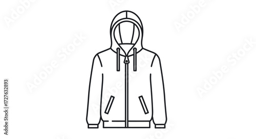Line art illustration of a hooded sweatshirt with zipper and pockets.