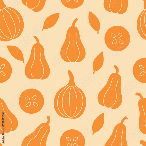 Seamless Autumn Pattern with Stylized Gourds and Leaves for Seasonal Design