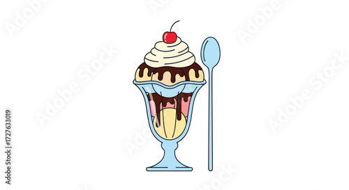 Delicious Ice Cream Sundae with Cherry and Spoon.