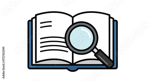Open book with magnifying glass symbolizing research and study.
