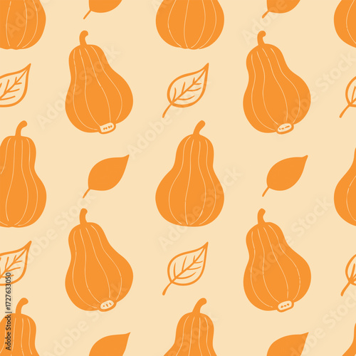 Seamless Autumn Pattern with Stylized Gourds and Leaves for Seasonal Design